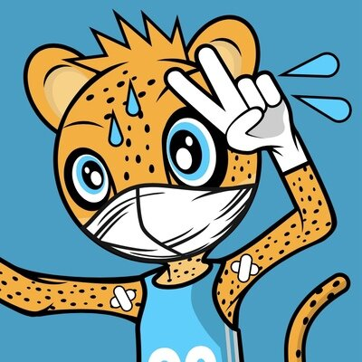 Picture of William, an anthropomorphic cartoon cheetah wearing a light blue tank top and face mask, sweating and holding a peace sign with his gloved hand in front of a light blue background.