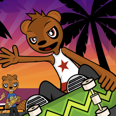 Picture of Tom, an anthropomorphic cartoon bear wearing a white tank top with a red star on it, doing a nose grab trick on his green skateboard in front of a palm tree and sunset by the beach.