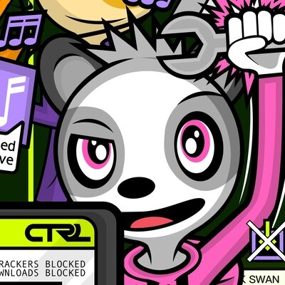 Picture of Mei, an anthropomorphic cartoon panda, wearing a pink hoodie and raising her fist in the air holding a wrench confidently.