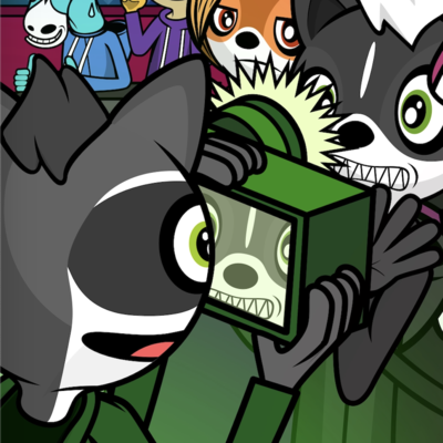 Picture of Rocky, an anthropomorphic cartoon raccoon wearing a green hoodie, using a green camera to take a photo of Melville who accidentally photobombed Rocky's shot and is not happy about having his photo taken.