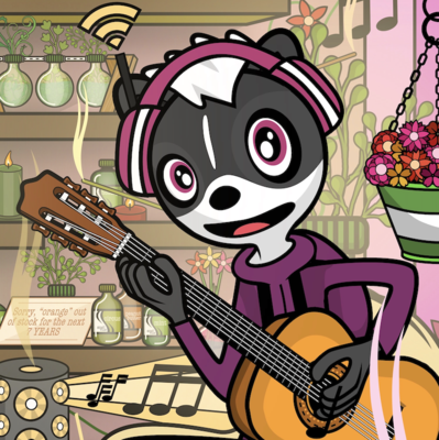 Picture of Melody, an anthropomorphic cartoon skunk wearing magenta headphones and magenta hoodie, happily playing her guitar while sitting amongst bottles of essential oils.