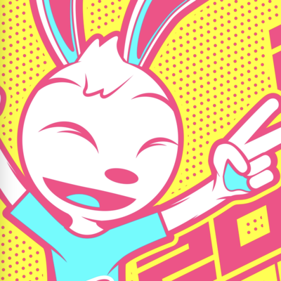 Picture of Robert, an anthropomorphic cartoon white rabbit wearing a light blue t-shirt, flashing a peace sign in front of a yellow background and smiling with his eyes closed. The image has a CMYK colour scheme.