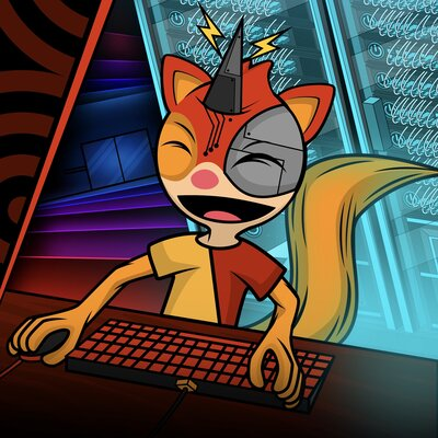 Picture of Oskar, an anthropomorphic cartoon squirrel wearing a red and yellow t-shirt. The left side of his face is metallic and in this picture has a cone-shaped metallic antenna sticking out of his forehead. He laughs in front of glowing blue server racks.