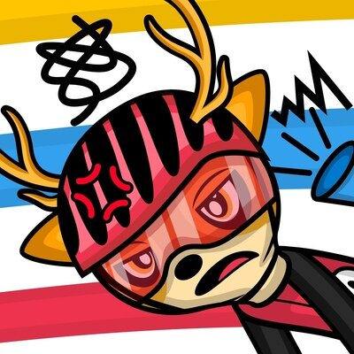 Picture of Fred, an anthropomorphic cartoon deer wearing a red bicycle helmet and visor, looking annoyed and sighing as Doris honks a blue squeaky horn into his ear as he rides a track bike.