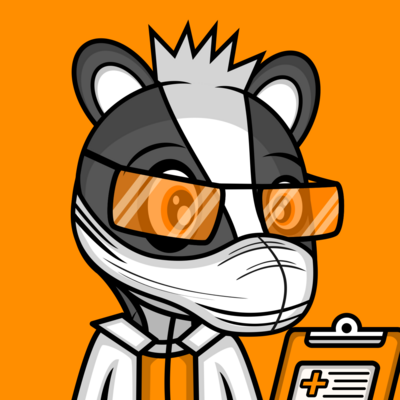 "Picture of Dr. Æmber, an anthropomorphic cartoon European badger wearing amber-coloured glasses, a white face mask, a white lab coat, an amber basketball tank top under it, and a stethoscope, holding a clipboard with medical information on it in front of an amber-coloured background."