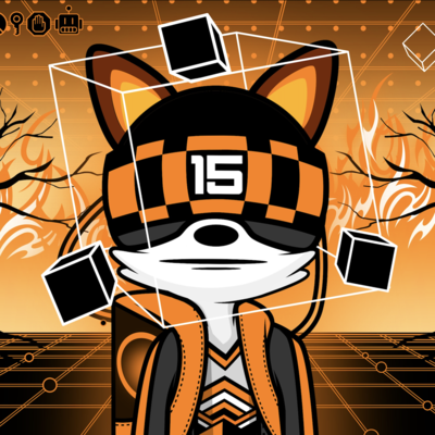 Picture of Strattzr, an anthropomorphic cartoon fox wearing a FOXR VR headset with the number 15 on it, a gaming computer backpack, a black vest and a white shirt under it with the GLHF logo on it. He stands in an orange VR world on fire with an expressionless face and cubes around his head.