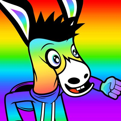 Picture of MOULE, an anthropomorphic cartoon mule with black shaggy hair and a white nose wearing a hoodie and dancing. The picture is tinged with rainbow gradients.