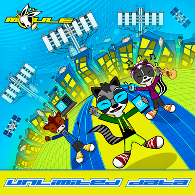 Cover art of Unlimited Data showing the anthropomorphic cartoon animal characters Delgado the bull, Rocky the raccoon, and Melody the skunk happily jumping holding technology in front of a cartoony lime-green-and-cyan city with crooked buildings, cell towers and satellites. They are jumping on a lime green planet with another fainter light-blue orb behind them and the buildings symbolising the Internet.