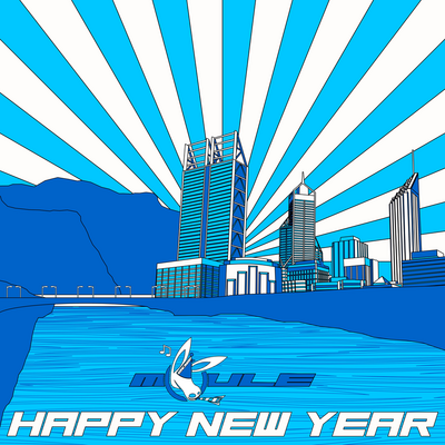 The cover artwork of Happy New Year, pop-art style art showing the Swan River and City of Perth, Australia with light blue, dark blue, and white colour scheme as sunrays shine behind the city.