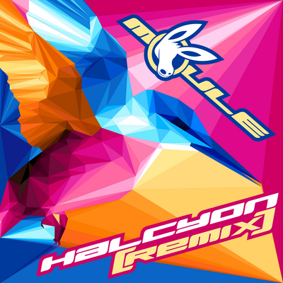 The cover artwork of Halcyon (Remix), showing a CMYK-colour-schemed geometric common kingfisher flying rightwards.