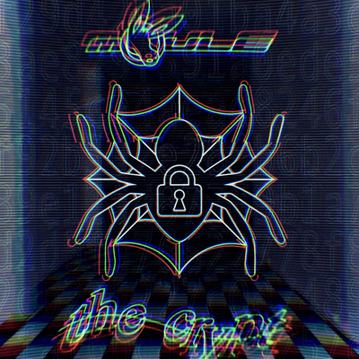 The cover artwork of The Crypt, showing a spider on a web symbol with a padlock in the middle against a liminal space checkered hallway, with subtle glitch effects and hexadecimal characters added. The title "The Crypt" looks like a captcha with a squiggly line going through it.