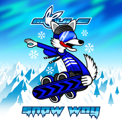 The cover artwork of Snow Way, showing Brook the white Alaskan Malamute wearing blue snow gear, riding a blue snowboard doing a nose-grab in front of mountains and trees at the titular snow sports resort.