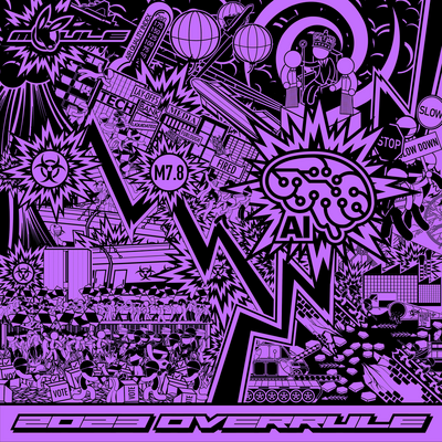 The cover artwork of 2023 OVERRULE, showing the events of the first half of 2023 such as the rise of AI as a chaotic purple-and-black cartoon collage.