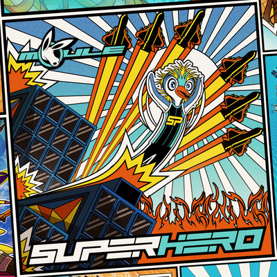 The cover artwork of Superhero, showing Super Penguin the anthropomorphic cartoon macaroni penguin superhero belly-sliding off a building as six warplanes fly behind her. The cover artwork is in comic-book style.