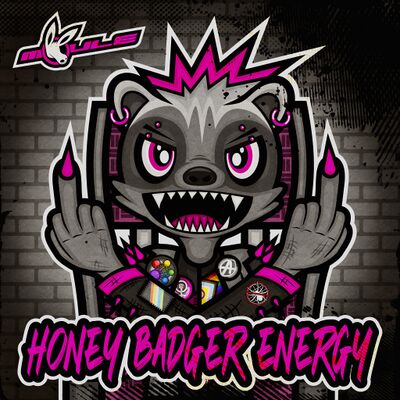 The cover artwork of Honey Badger Energy, showing the MOULE WORLD character Honey (A.K.A. HUNNY BADJA), an anthropomorphic cartoon punk honey badger wheelchair user. She's got an angry expression, looking towards the viewer with her pierced eyebrows at a scornful angle, her mouth wide open with her sharp teeth bared, and both her middle fingers raised showing pink claws. She's also got spiky hair with pink tips, pink earrings, and a battle jacket with pink spikes across its shoulders and sleeves, a grey vest, adorned with buttons and patches such as the Fediverse rainbow star, the disability pride flag, the feminism and anarchy symbols, an anti-Bugs symbol which can be interpreted as anti-AI, and an intersex-inclusive progress pride flag. There's a lot of detail in terms of subtle shadows, scratch marks and a sketchy texture overlaid over the whole image. Honey sits in front of a grey brick wall background, separated by thick black and white contour lines, with a vignette surrounding the cover artwork and the MOULE Y2K-aesthetic font logo in pink in the upper-left corner. The words "HONEY BADGER ENERGY" is written in pink marker at the bottom outlined with black and white contour lines.