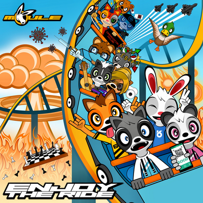 Cover art of Enjoy the Ride, showing numerous colourful anthropomorphic cartoon animal characters riding a roller coaster with expressions varying from excited to fearful, as explosions and warplanes and fire occur in the background.