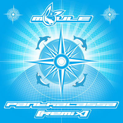 Cover art of Panthalassa (Remix), a mostly light blue cover artwork showing four dolphins jumping over a 16-pointed compass in the centre.