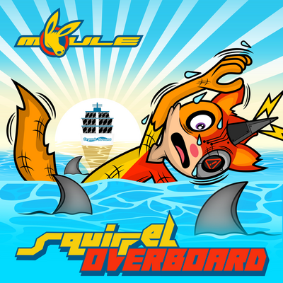 The cover artwork of Squirrel Overboard, showing Oskar the anthropomorphic cartoon squirrel with a metallic left side of his face and cone-shaped metallic antenna, after falling off the Organic Streams cruise ship and hastily swimming to safety while surrounded by sharks, looking scared. The title makes the word "Squirrel" look squirrel-shaped clinging on to safety on the red word "OVERBOARD".