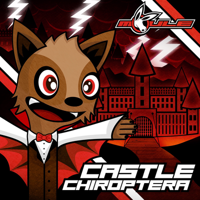 Cover art of Castle Chiroptera, showing Count Chiroptera the anthropomorphic cartoon bat dressed up like a vampire in front of a castle beneath stormy skies. The cover art is mostly red and black with occasional tinges of white.