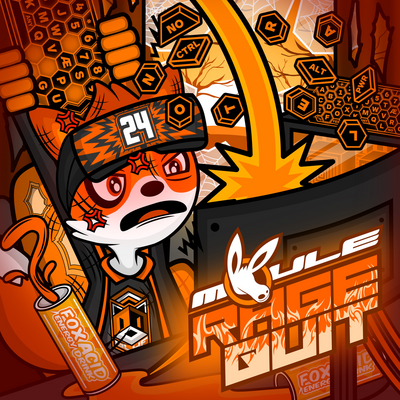 The cover artwork of Rage Quit showing PWNZR the anthropomorphic cartoon gamer fox angrily smashing his keyboard against his monitor while keys fly everywhere, and spilling his energy drunk all over his desk.