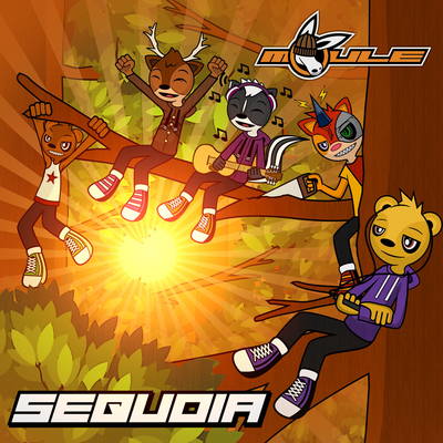 Cover art of Sequoia showing five anthropomorphic cartoon animal characters sitting high up on sequoia branches while a sun's vibrant rays shine through the background. The cover artwork is mostly orange-coloured.