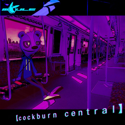 The cover artwork for Cockburn Central, showing an empty interior of a Transberth B-Series train with parallel seats, tinged heavily in purple, as the titular anthropomorphic cartoon bear Cockburn with hoodie and pants sits relaxed to the left listening to music.