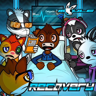 The cover artwork of Recovery showing Delgado the bull in a hospital bed surrounded by the Cyber Threat Resistance League looking at him sadly, while Æmber the doctor badger provides a medical prognosis.