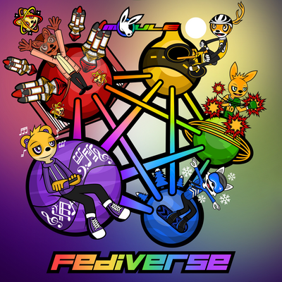 The cover artwork of Fediverse showing the symbol of the Fediverse, a rainbow pentagram of five different-coloured balls where all balls interconnect, with an anthropomorphic cartoon animal character on each ball.