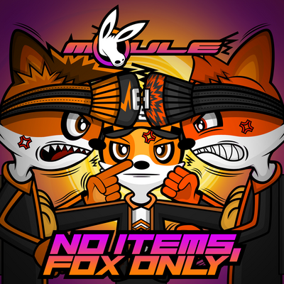 The cover artwork of No Items, Fox Only showing the anthropomorphic gamer foxes OpDaMyZr, Strattzr and PWNZR, all wearing black jackets and FOXR VR headsets resting on their foreheads. OpDaMyZr and PWNZR angrily butt FOXR headsets as OpDaMyZr points accusingly at PWNZR and yells at him, while PWNZR grits his teeth and shakes his fists in rage. Strattzr in the middle pushes them both apart, while looking very annoyed himself.