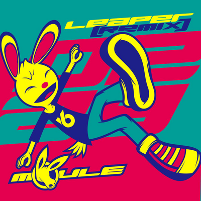 The cover artwork of Leaper (Remix) showing Robert the rabbit jumping in front of the date February 29. The cover art is colour-schemed red, yellow, teal, and dark blue.