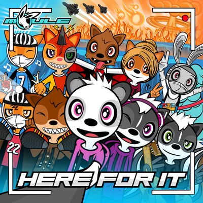 The cover artwork of Here For It, showing 10 anthropomorphic animal characters posing for a selfie while warplanes, explosions, fireballs and tidal waves happen in the background.