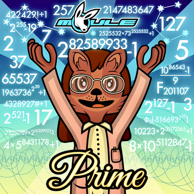 The cover artwork of Prime showing Catherine the anthropomorphic cartoon quokka wearing a lab coat happily reaching upwards towards really huge prime numbers.