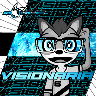 The cover artwork of Visionaria, showing Robin the Fox wearing his titular glasses. The cover artwork is colour-schemed light blue, white, and black, and the text "VISIONARIA" repeats diagonally in the background.