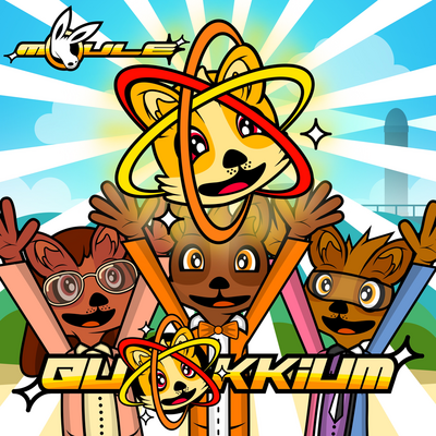 The cover artwork of Quokkium, showing Catherine, Armstrong, and Geordie, three anthropomorphic cartoon quokkas wearing lab coats, looking up at a Quokkium atom as a golden smiling quokka head within three atomic bands.