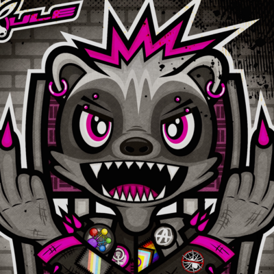 The MOULE WORLD character Honey (A.K.A. HUNNY BADJA), an anthropomorphic cartoon punk honey badger wheelchair user. She's got an angry expression, looking towards the viewer with her pierced eyebrows at a scornful angle, her mouth wide open with her sharp teeth bared, and both her middle fingers raised showing pink claws. She's also got spiky hair with pink tips, pink earrings, and a battle jacket with pink spikes across its shoulders and sleeves, a grey vest, adorned with buttons and patches such as the Fediverse rainbow star, the disability pride flag, the feminism and anarchy symbols, an anti-Bugs symbol which can be interpreted as anti-AI, and an intersex-inclusive progress pride flag. There's a lot of detail in terms of subtle shadows, scratch marks and a sketchy texture overlaid over the whole image.