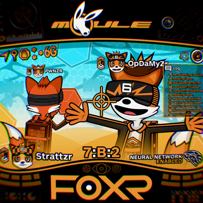 The cover artwork of FOXR, showing OpDaMyZr and PWNZR the foxes in a VR world wearing FOXR VR headsets, as viewed from Strattzr's FOXR VR headset.