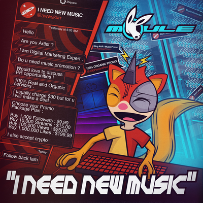 The cover artwork of I Need Music showing Oskar the anthropomorphic cartoon squirrel laughing behind a keyboard and in front of glowing blue server racks, while a twisted path behind him leads to a glowing door with a cloud symbol and "SC" initials above it. To his left is social media dialogue on 2Square where Oskar pretends to be a professional music promoter and tries scamming someone into buying fake promotion packages.