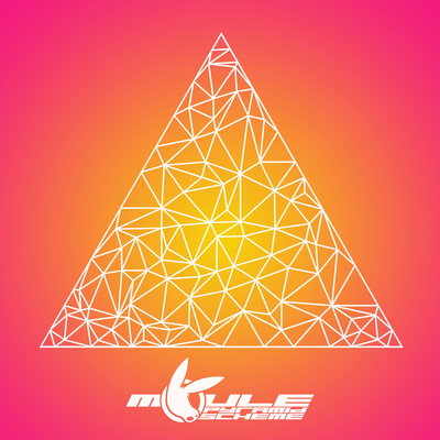 The cover artwork for Pyramid Scheme: a large white triangle outline with smaller white triangle outlines inside of it on a fuchsia-yellow-coloured circular gradient background.