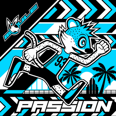 Cover art of Passion, a blue, white and black colour-schemed artwork showing William the anthropomorphic cartoon athlete cheetah happily running towards the right of the image.