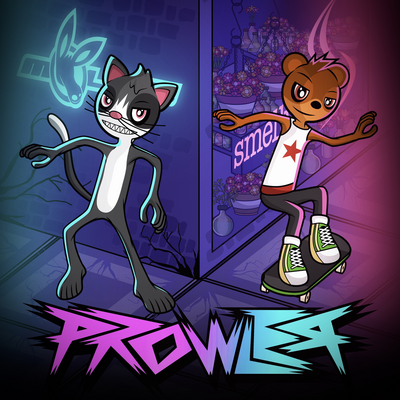 The cover artwork of Prowler showing Amanda the anthropomorphic cartoon cat sneaking beside the Smellville store to attack Tom the bear riding on his skateboard.