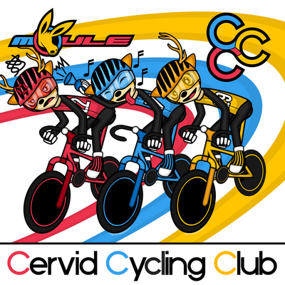 The cover artwork of Cervid Cycling Club showing the three deer in it – red Fred, blue Doris, and yellow Velo – riding track bikes. Doris annoys Fred by honking a squeaky horn in his ear. They all ride along bands corresponding to their jersey and bike colour against a white background.