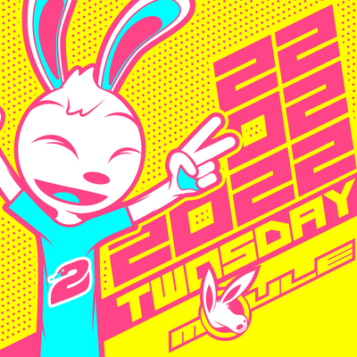 The cover artwork of Twosday, showing Robert the anthropomorphic cartoon rabbit flashing two peace signs in front of the date February 22, 2022. The cover art is a CMYK colour scheme.