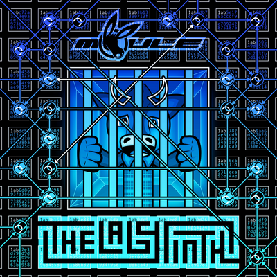 The cover artwork of The Labyrinth showing Delgado the anthropomorphic cartoon bull in a blue-gradient-coloured prison cell surrounded by blockchain addresses with arrows and Delcoin symbols showing their transaction paths. Even the title "The Labyrinth" is shaped like a maze.