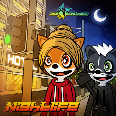 Cover art of Nightlife showing Melville and Melissa, two anthropomorphic cartoon animal characters, walking past a traffic light in a mostly empty city at night.