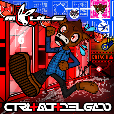 The cover artwork of CTRL+ALT+DELGADO showing Delgado the bull madly running out of his prison cell he smashed open as the environment turns red, while also showing a blockchain map showing Melody and Lampy help work to get his authentication token into an address they can control allowing him to be freed.