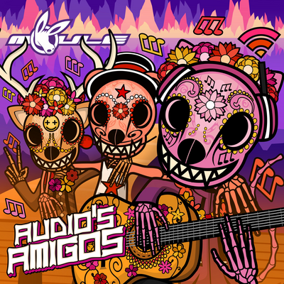 The cover artwork of Audio's Amigos, showing three anthropomorphic cartoon animal characters as calavera skeletons with floral patterns on their skulls, sitting by a purple lake playing the guitar.