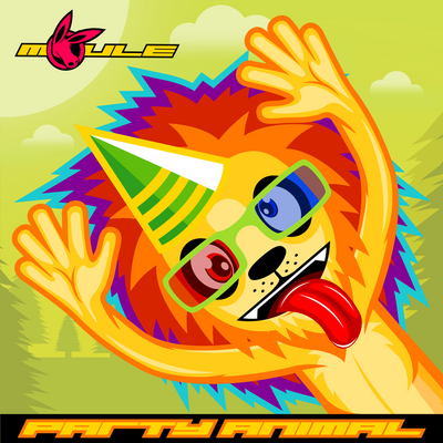 The cover artwork of PARTY ANIMAL, showing an anthropomorphic cartoon lion with a rainbow mane and party hat and bright green glasses poking his tongue out close to the foreground.