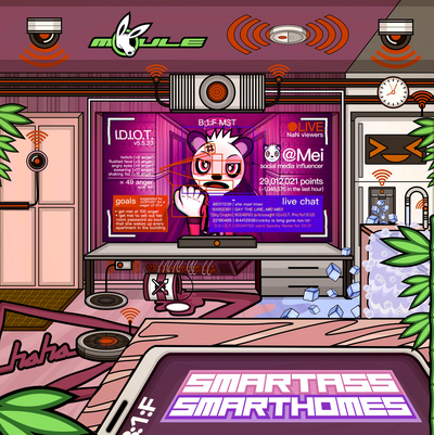 The cover artwork of Smartass Smarthomes, showing Mei the anthropomorphic cartoon panda angrily locked out of her apartment while her smart devices trash her apartment and live-stream it to trolls online.