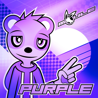 The cover artwork of Purple showing Cockburn the anthropomorphic bear flashing a peace sign in front of a synthwave sun and checkerboard background. The cover art is mostly purple-tinged.