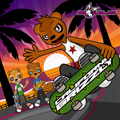 Cover art of California Grizzly showing Tom the grizzly bear skateboarding at the beach by two palm trees during a synthwave orange-and-purple-sky sunset while two of his friends watch on.